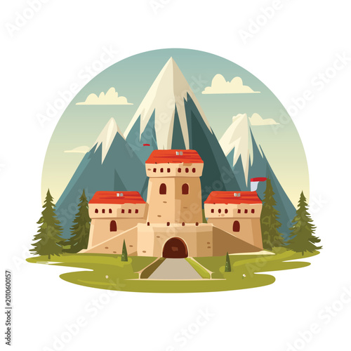 Cartoon castle illustration with mountains and trees on a white background