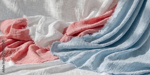 Linen background in layers, pale red, white, and blue, photorealistic, high fabric detail