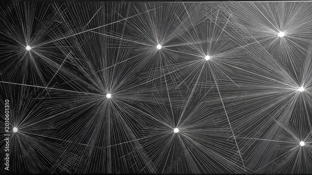 Obraz premium Numerous bright points of light emit complex radiating lines across a dark background