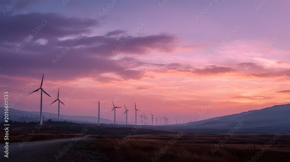Obraz premium Wind turbines stand against a vibrant twilight sky crowning a vast and expansive rural landscape at dawn