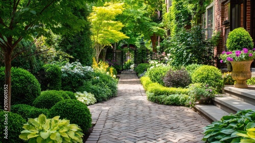 Lush, meticulously maintained urban garden borders a brick pathway leading toward a distant gate.