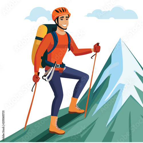 Adventurous hiker ascends mountain with backpack and climbing gear vector illustration