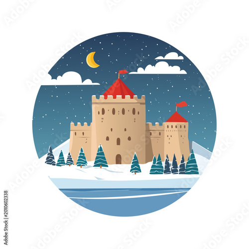 Cartoon castle on snowy mountain under night sky illustration