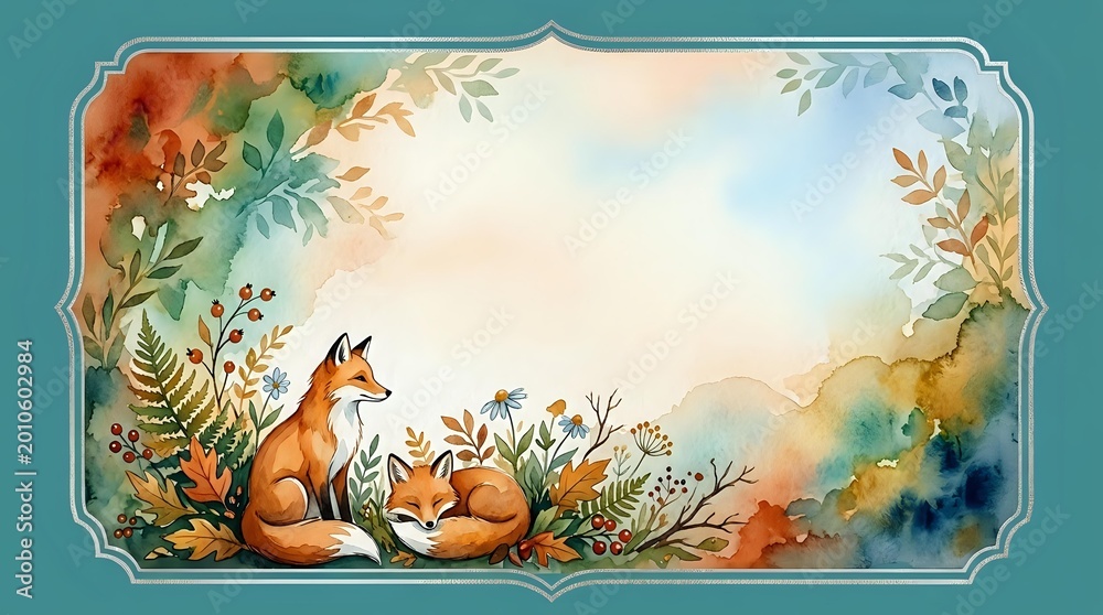 Obraz premium Watercolor autumn frame with cute foxes and foliage border on transparent background, perfect for seasonal designs and nature-themed projects.
