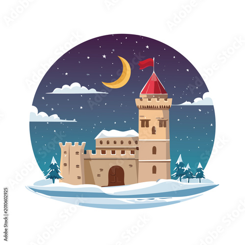 Cartoon castle under moon and stars design for fantasy and illustration
