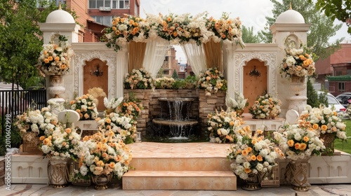 Elaborate outdoor ceremonial archway adorned with extensive floral arrangements and a central water feature