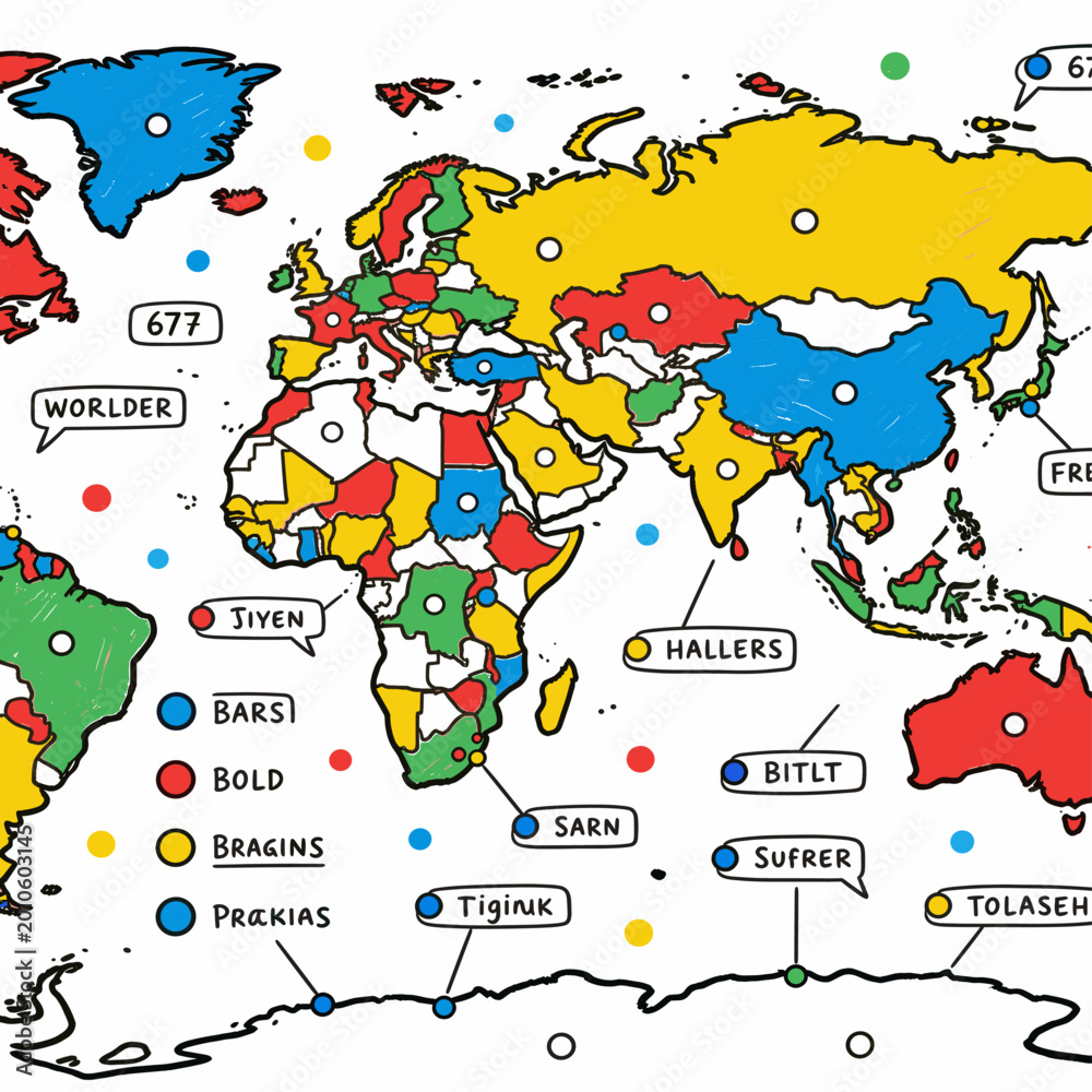 Obraz premium A playful and artistic map sketch with a color-coded legend, perfect for educational materials or creative storytelling websites.