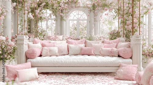 Luxurious daybed adorned with numerous plush pillows rests within an ethereal sanctuary draped in blooming pink roses.