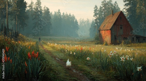 Rustic countryside scene features an aged farmhouse surrounded by lush meadow blossoms and dense woodland.
