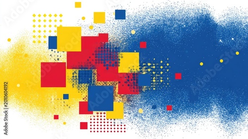 Dynamic composition featuring abstract geometric shapes dispersing across a white background