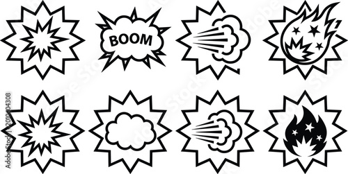 Photos Comic Explosion Burst Icon Set with Boom Effects, Fire Blasts, Smoke Clouds, and