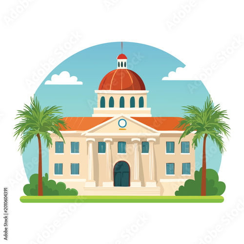 Cartoon illustration of a government building with palm trees and sky