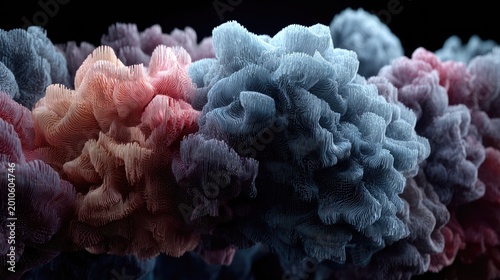 Abstract organic forms display intricate fibrous structures in soft pastel hues against a dark backdrop