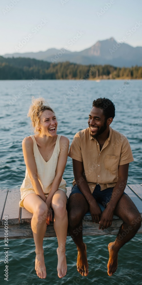 Fototapeta premium Young couple laughing while sitting on wooden dock by lake