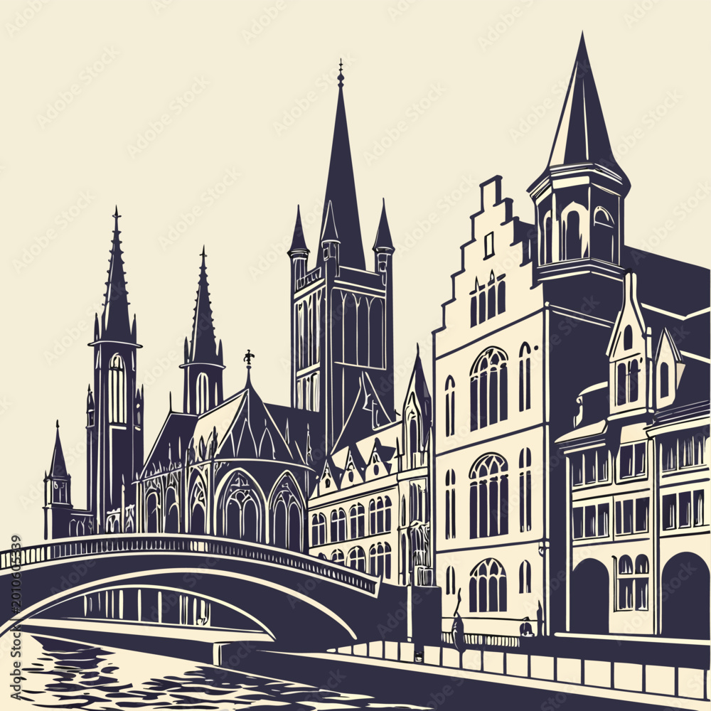 Fototapeta premium Ghent City Skyline Vector Art | Belfry Tower & Gravensteen Castle Silhouette