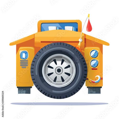 Cartoon vehicle illustration with spare tire flag and windows against white