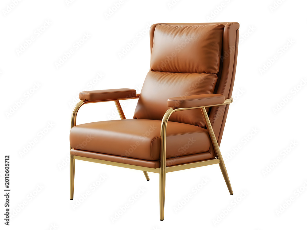 Obraz premium Elegant brown leather armchair with curved metal frame and high backrest