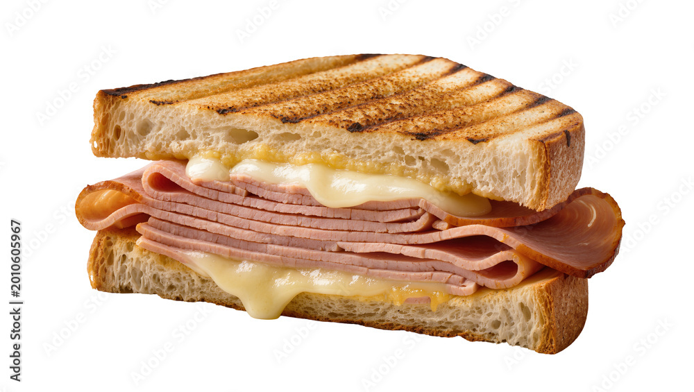 Obraz premium Grilled ham and cheese sandwich with melted cheese, isolated on transparent background