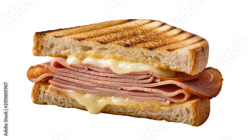 Grilled ham and cheese sandwich with melted cheese, isolated on transparent background