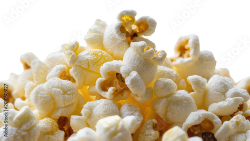 Tableau sur toile Fluffy white popcorn kernels piled high, isolated on transparent background