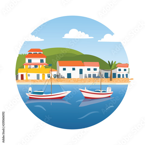 Coastal scene with boats and buildings under sunny skies illustration