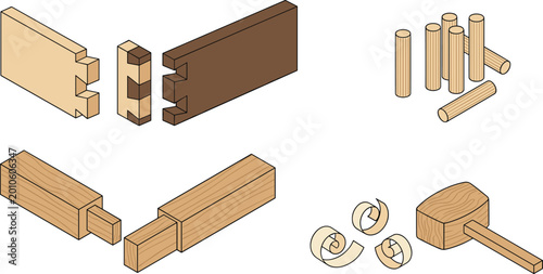 фотографія Woodworking Joinery Techniques Icon Set Featuring Mortise and Tenon, Dowel Joint