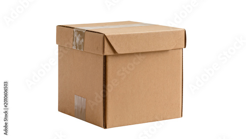 Brown cardboard box with tape, isolated on transparent background