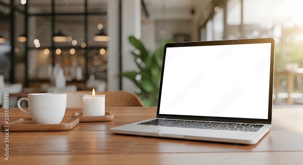 Fototapeta premium Laptop on wooden desk with coffee and candle