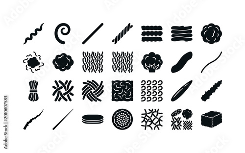 Wool structures like fibers strands curls layers and natural formation of sheep wool material clean solid filled icon set showing