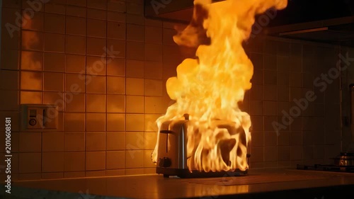 Burning toaster with intense orange flames erupting from slots on kitchen counter against tiled wall dramatic fire accident scene