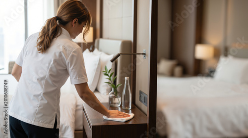 Hotel housekeeper cleaning a bedside table in a guest room. Professional maid service preparing for check in. Copy space for text