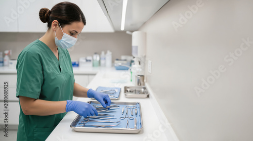 Nurse preparing surgical instruments in a sterile medical environment. Healthcare professional in green scrubs with protective mask. Copy space for text