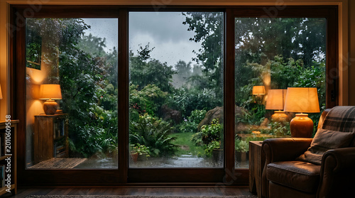View from a cozy living room through large glass sliding doors looking out at a lush green garden during a heavy rain