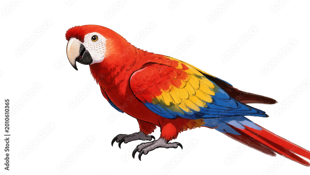 Fototapeta premium Scarlet macaw parrot with blue wings and yellow feathers perched