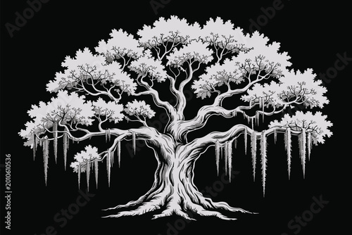 Schilderij op canvas Spanish moss live oak tree, silhouette vector, elegant tree artwork with hanging moss branches representing southern nature landscape and botanical illustration