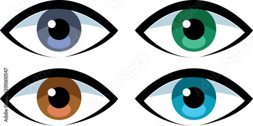 Photos Collection of diverse eye icons representing different iris colors and vision co