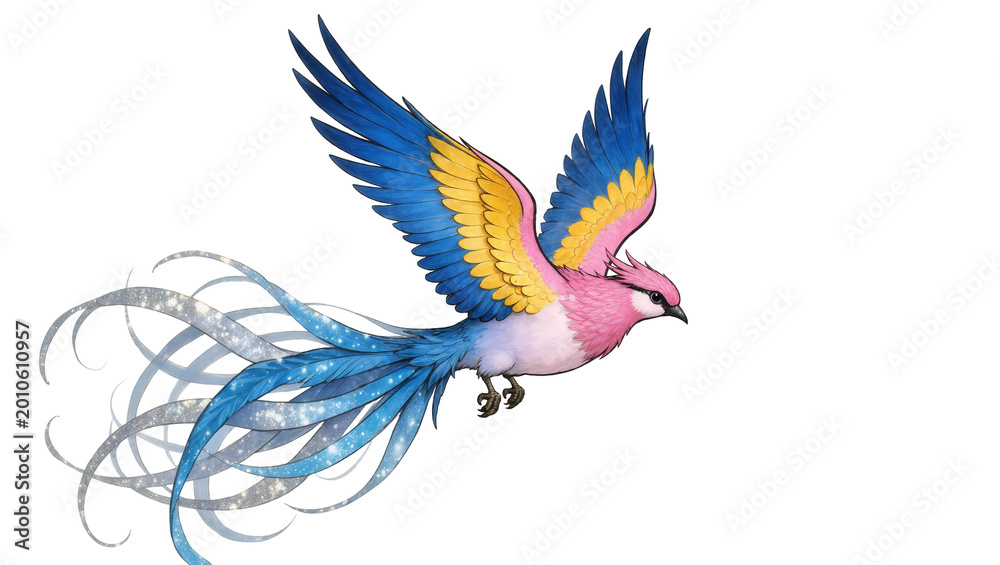 Obraz premium Blue Yellow Pink Feathered Bird with Sparkling Silver Tail in Flight