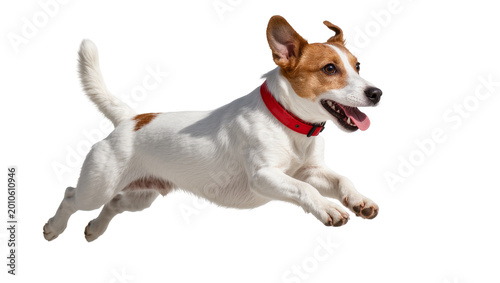 Foto Energetic Jack Russell Terrier Jumping with Red Collar