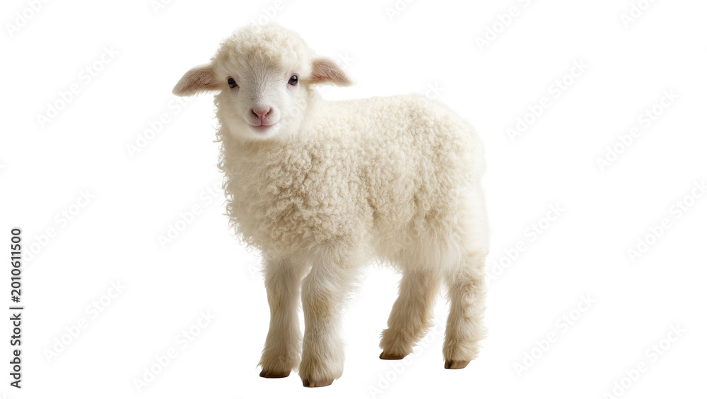 Obraz premium Fluffy Cream Colored Lamb Standing with Soft Wool and Four Legs
