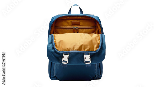 Obraz na plátně Open Blue Nylon Backpack with Beige Interior and Buckle Flaps