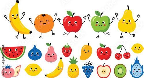 Cute fruit characters set with smiling banana, apple, orange and tropical fruits, kawaii food vector illustration collection
