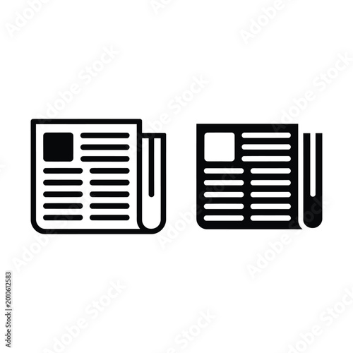 Photography Newspaper icon set showing outline and solid black styles for journalism media news publishing and information dissemination daily