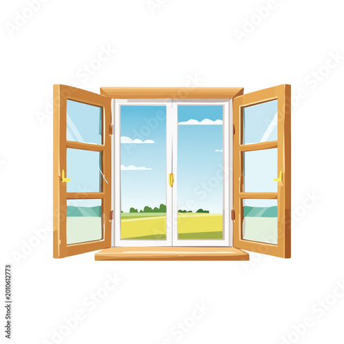 Open window illustration showing outdoor scenery with sunlight and copy space