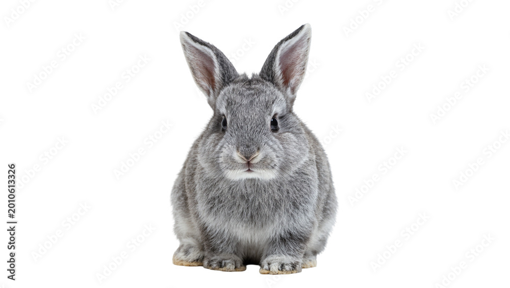 Obraz premium Gray fluffy baby rabbit sitting facing forward with upright ears
