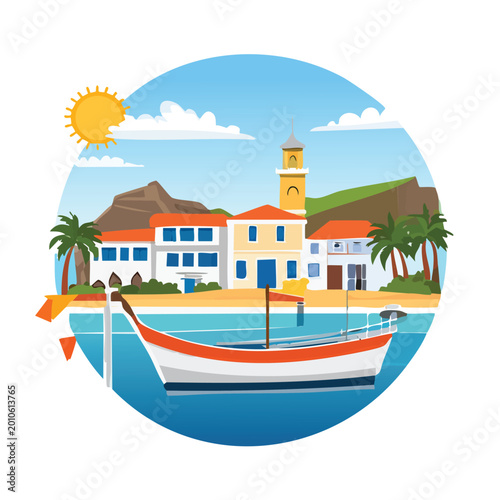 Coastal scene illustrative boat near buildings on a sunny day