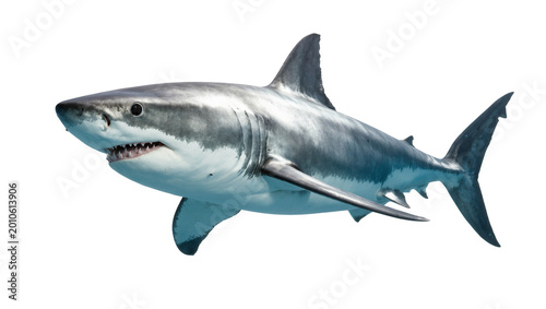 Foto Gray Great White Shark Swimming Side View with Visible Teeth