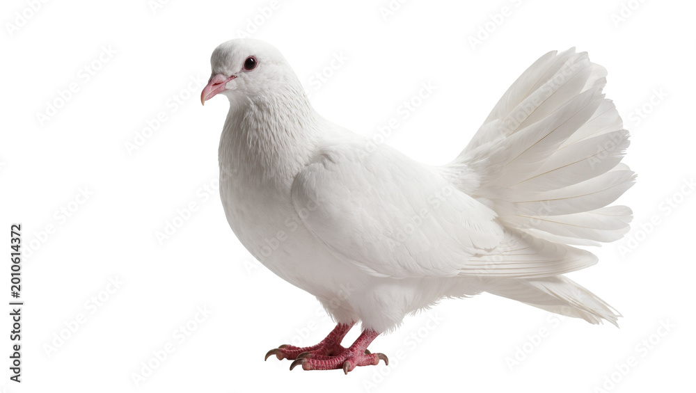 Fototapeta premium Plump White Pigeon with Fluffed Feathers and Red Feet
