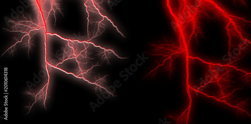 Glowing lightning branches on black background, red and white electrical storm