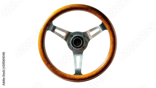 Vintage Wooden Steering Wheel with Silver Spokes and Center Hub