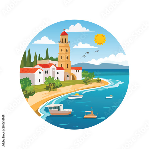 Coastal village illustration lighthouse boats and seaside scenery